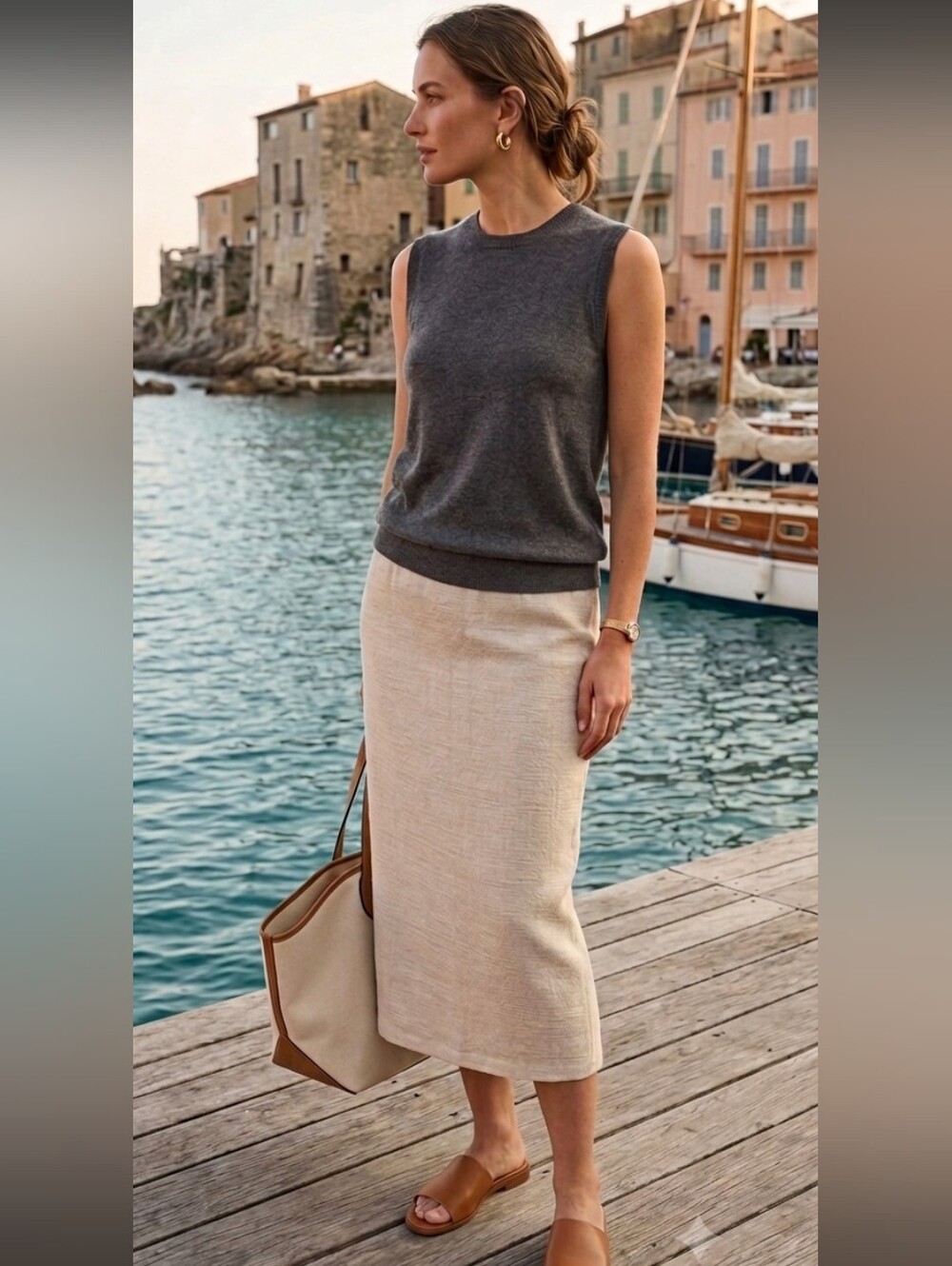 Vintage 90s Eileen Fisher Cream Linen Cotton Pencil Midi Skirt Small NWT Luxury